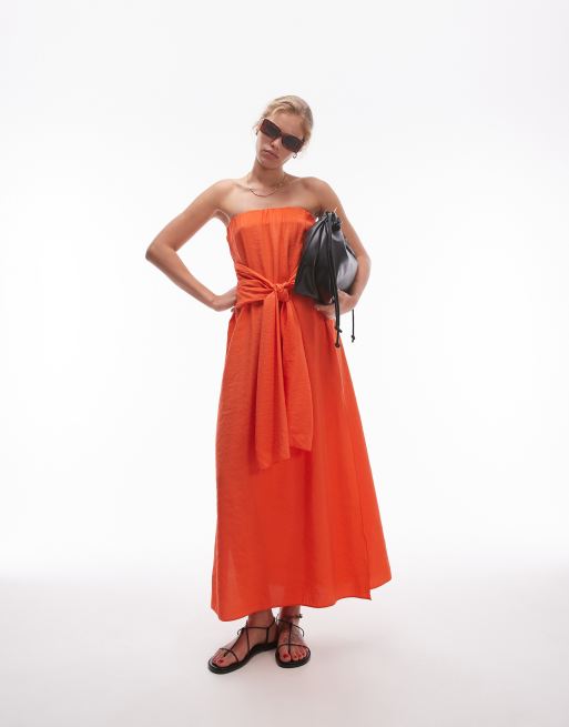 Topshop – Czerwona sukienka z dekoltem bandeau i wiązaniem z przodu