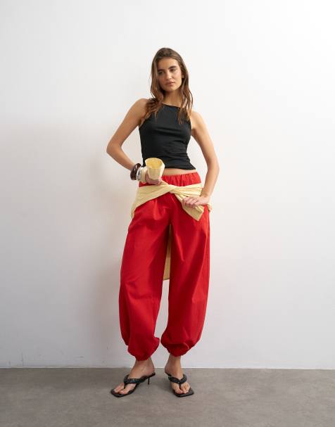 Topshop – Czerwone popelinowe spodnie z balonowymi nogawkami - view 1