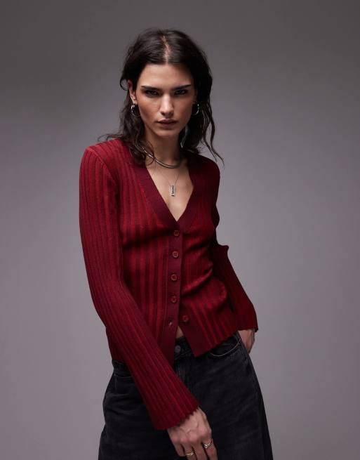 Topshop – Czerwono-bordowy prążkowany kardigan