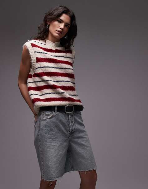 Topshop – Czerwono-różowy top bez rękawów z imitacji wełny w paski - view 1