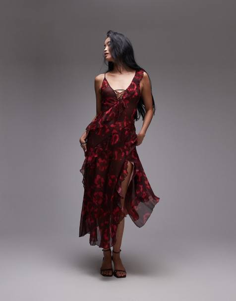 Topshop maxi slip dress with frills in oxblood floral