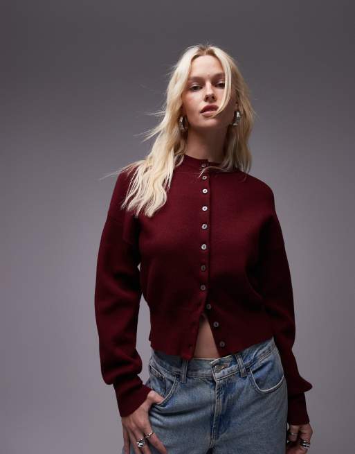 Topshop – Czerwony dzianinowy kardigan z dopasowaną talią