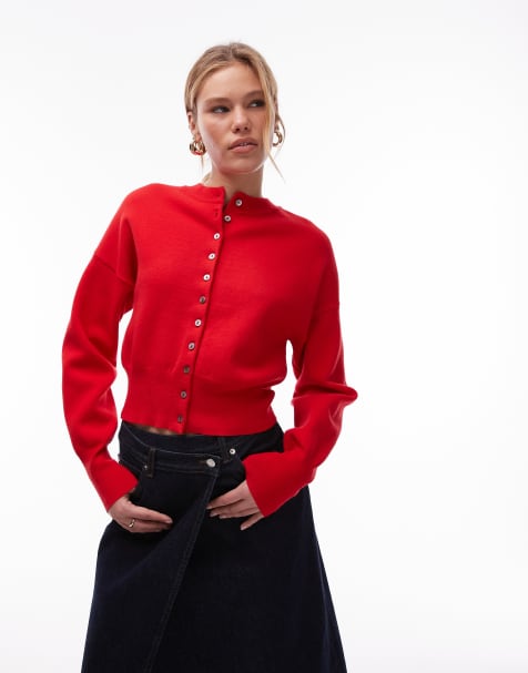 Topshop – Czerwony dzianinowy kardigan z dopasowaną talią - view 1