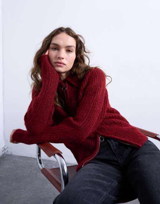 Topshop – Czerwony kardigan dzianinowy z kołnierzykiem i zapięcie na zamek z kółkiem przy suwaku