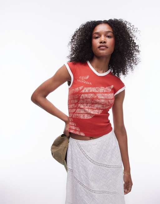 Topshop – Czerwony krótki i obcisły T-shirt z licencjonowanym nadrukiem grafiką Honda i dekoltem w szpic