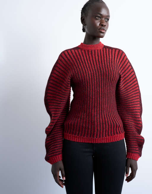 Topshop – Czerwony prążkowany sweter w paski, 3 z 4