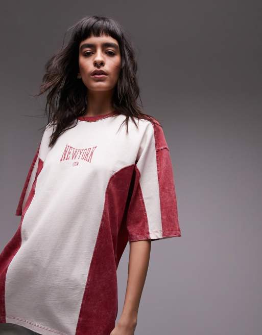 Topshop – Czerwony sportowy T-shirt oversize z grafiką z napisem „New York” i efektem sprania