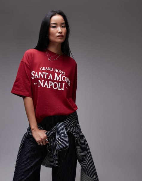 Topshop – Czerwony T-shirt oversize z napisem „Santa Mona Napoli” - view 1