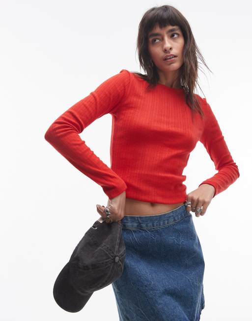 Topshop – Czerwony top z dzianiny pointelle z długimi rękawami i pikotkowym wykończeniem