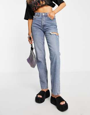 Topshop - Dad-Jeans mit seitlichem Zierriss und ausgebleichter Waschung-Blau