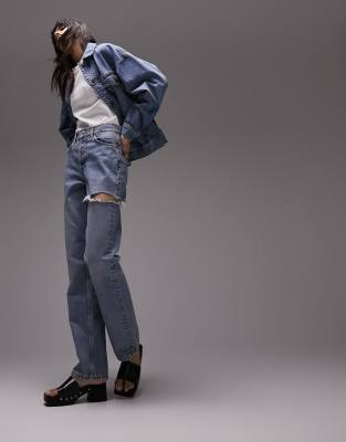 Topshop - Dad-Jeans mit seitlichem Zierriss und ausgebleichter Waschung-Blau