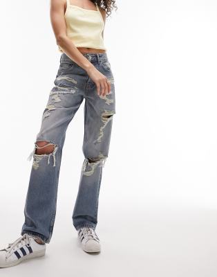 Topshop Dad Jeans With Extreme Rip & Repair In Mid Blue