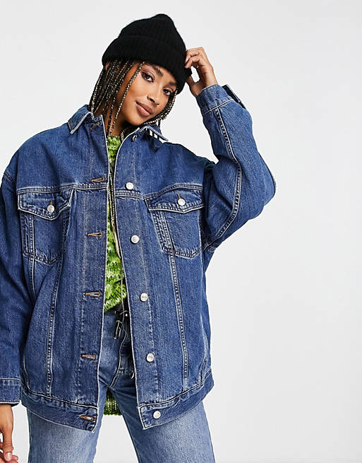 Topshop Dad denim jacket with check lining in mid blue