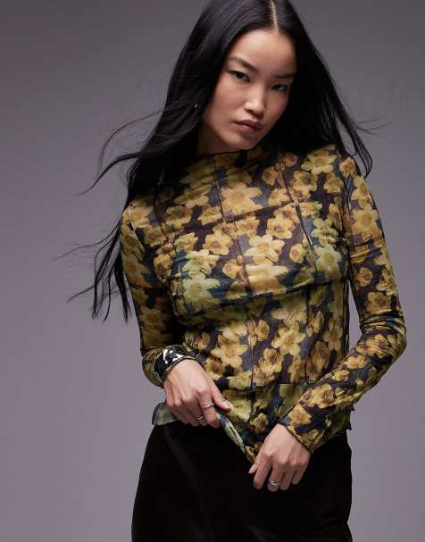 Topshop daisy crinkle long sleeve top in yellow - view 1