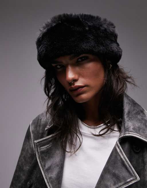 Topshop - Daisy - Dokwerkermuts met rand van imitatiebont in zwart