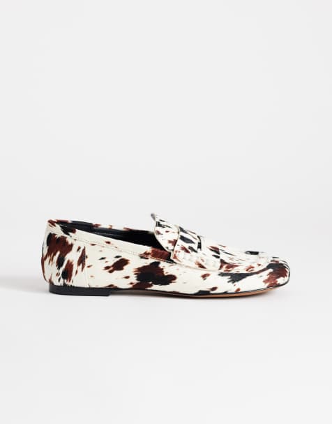 Topshop Daniel flat square toe loafer in animal print hair on real leather - view 1