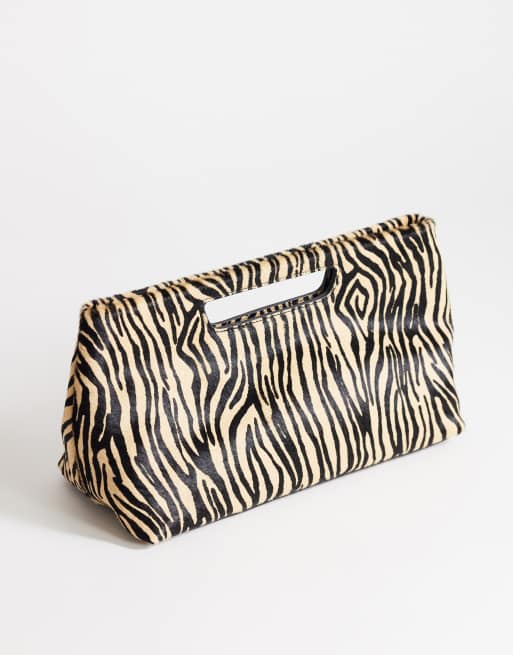 Topshop Daniel medium hair on real leather rectangle grab bag in camel zebra, 2 of 4