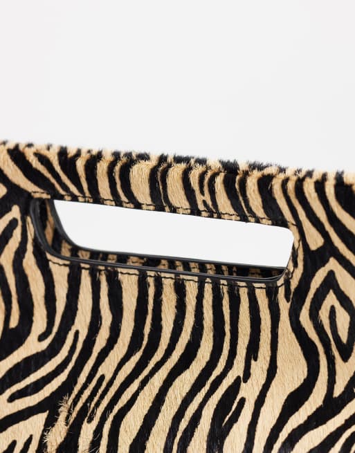 Topshop Daniel medium hair on real leather rectangle grab bag in camel zebra, 3 of 4