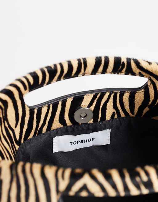 Topshop Daniel medium hair on real leather rectangle grab bag in camel zebra, 4 of 4