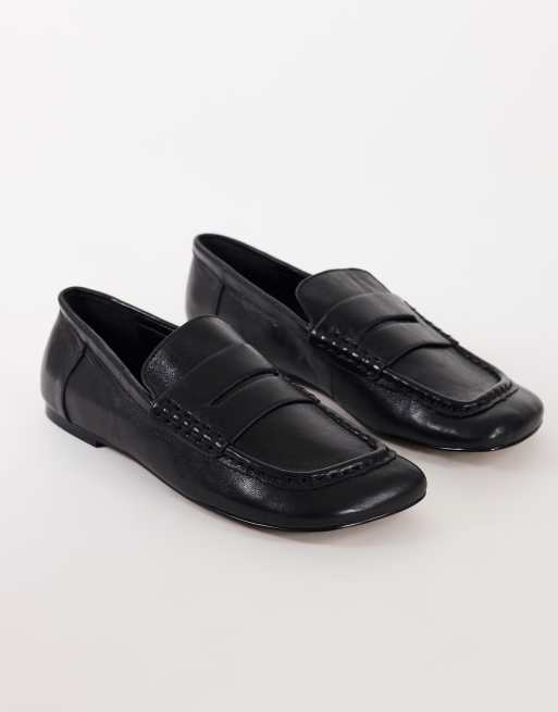 Topshop Daniel real leather flat square toe loafer in black, 3 of 4