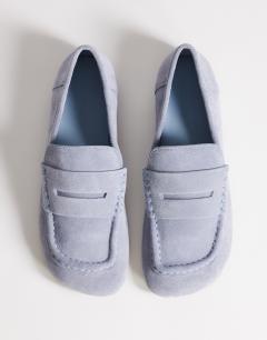 Model wearing Daniel real suede flat square toe loafer in blue