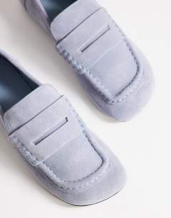 Model wearing Daniel real suede flat square toe loafer in blue