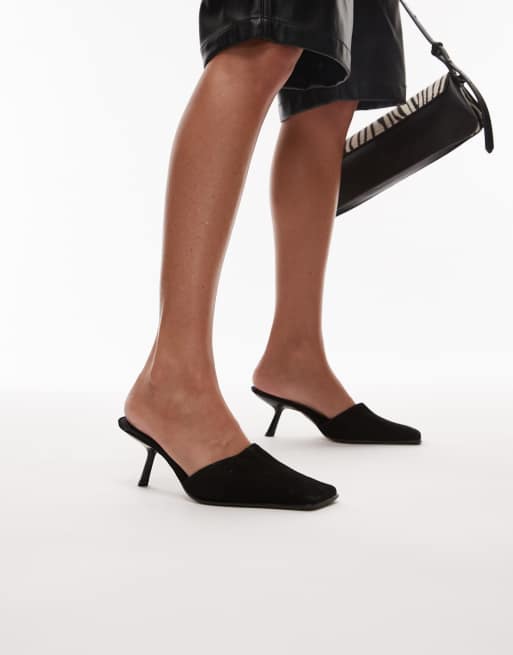 Topshop - Dante - Mules à talon en daim de qualité supérieure avec bout carré - Noir