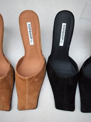 Topshop Dante premium real suede square toe heeled mules in black