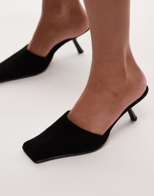 Topshop Dante premium real suede square toe heeled mules in black