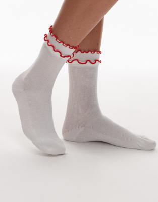 Topshop - Daphne - Calzini bianchi con finiture rosse a volant doppio - view 1