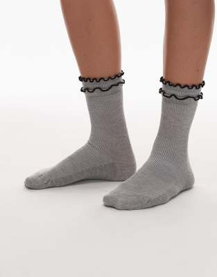 Topshop - Daphne - Chaussettes à double volant et bordures contrastantes - Gris chiné/noir - view 1