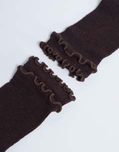 Model wearing Daphne double frill sock in chocolate