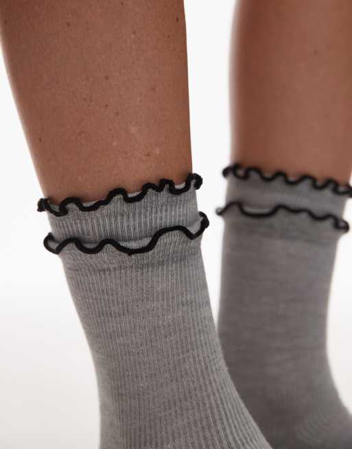 Topshop Daphne double frill socks in grey marl with black trim, 2 of 3