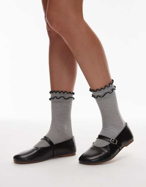 Topshop Daphne double ruffle socks in gray heather with black trim, 3 of 3