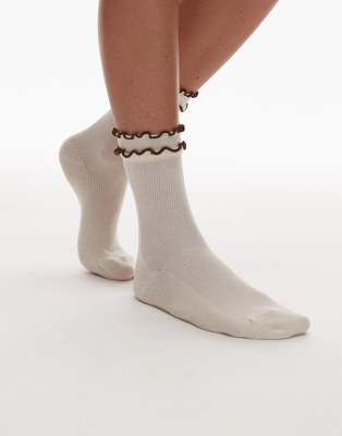 Topshop - Daphne - Lysegule sokker med dobbelte flæser og chokoladebrune kanter - view 1