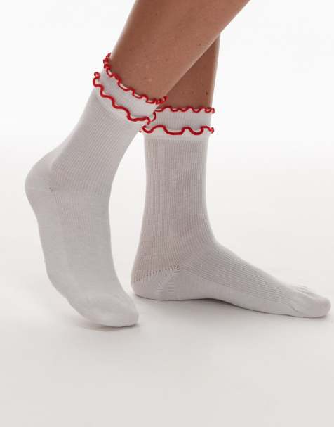 Topshop – Daphne – Vita strumpor med dubbla volanger och röda detaljer - view 1