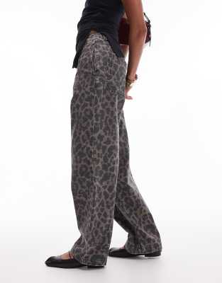 Topshop dark leopard straight leg pants in multi