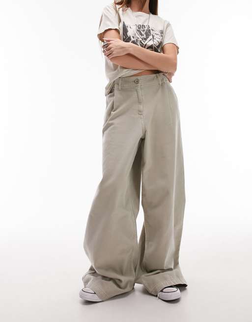 Topshop darted waist floor length wide leg pants in beige 