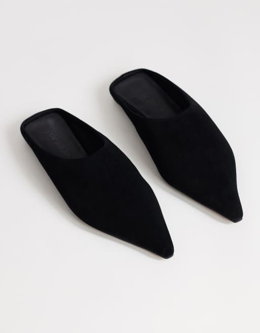 Topshop Dawn real suede flat pointed shoe in black, 2 of 4