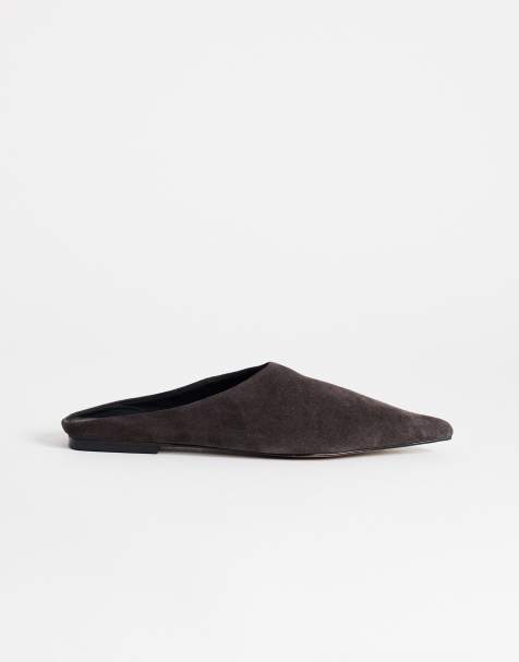 Topshop Dawn real suede flat pointed shoes in chocolate - view 1