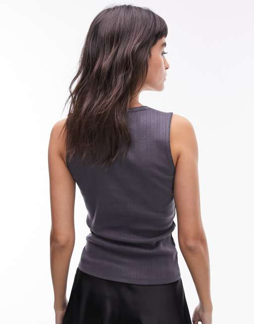 Topshop - Débardeur à encolure dégagée en maille pointelle et dentelle - Ardoise, 3 de 4