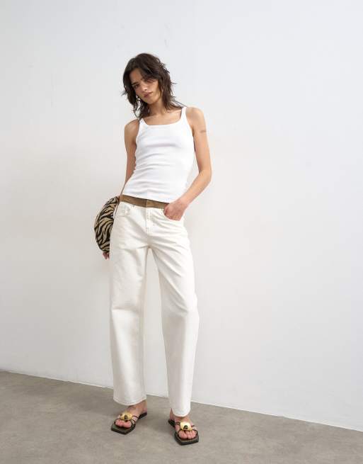 Topshop - Débardeur côtelé ajusté à bretelles et encolure dégagée - Blanc, 3 de 4