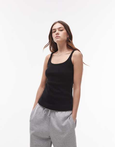 Topshop - Débardeur côtelé ajusté à bretelles et encolure dégagée - Noir - view 1
