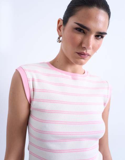 Topshop - Débardeur coupe boyfriend côtelé à rayures - Rose - view 1