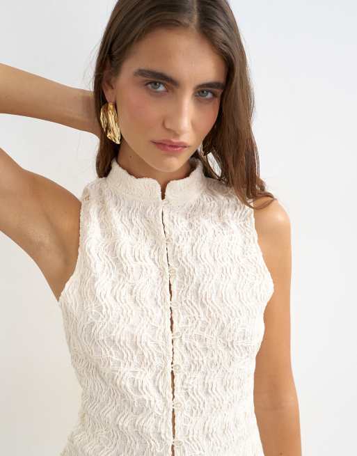 Topshop - Débardeur d'ensemble sans manches en dentelle brodée à col montant - Crème, 3 de 4