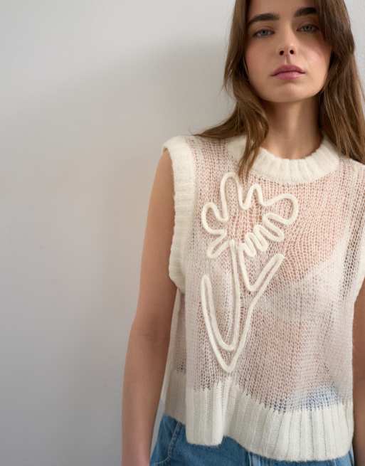 Topshop - Débardeur en maille transparente à broderie fleur - Ivoire, 4 de 4
