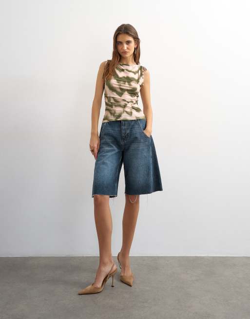 Topshop - Débardeur en microfibre à zébrures et épaules froncées - Vert, 4 de 4