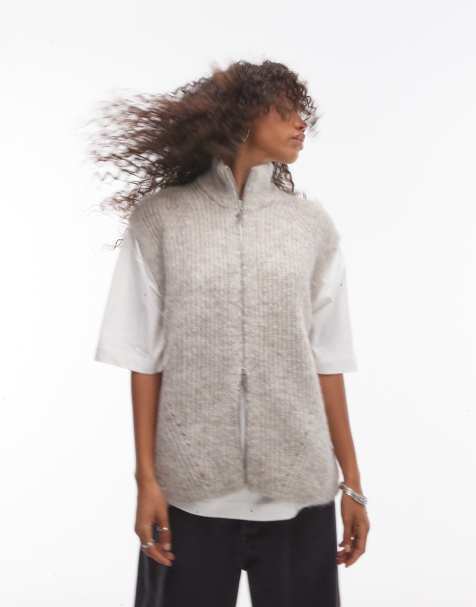 Topshop - Débardeur oversize long en maille à fermeture éclair - Grège - view 1