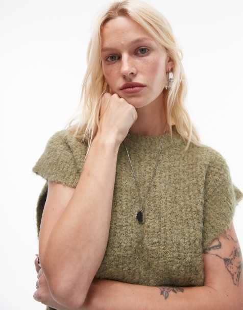 Topshop - Débardeur ras de cou décontracté en maille bouclée côtelée à épaules dénudées - Vert - view 1