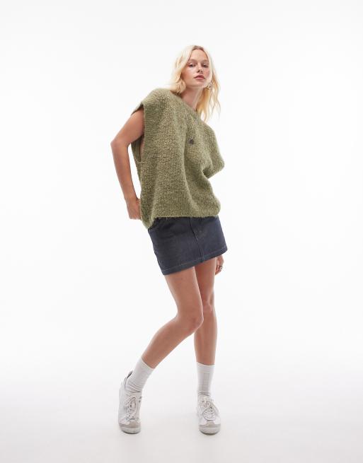 Topshop - Débardeur ras de cou décontracté en maille bouclée côtelée à épaules dénudées - Vert, 2 de 4
